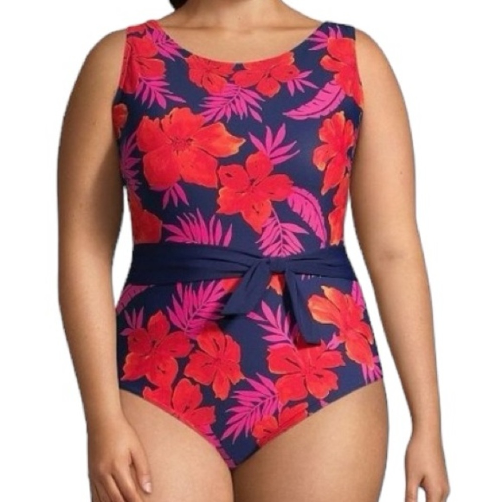 LANDS’ END Women’s Navy/Red Tropical Print Swim Suit Size: 22 W